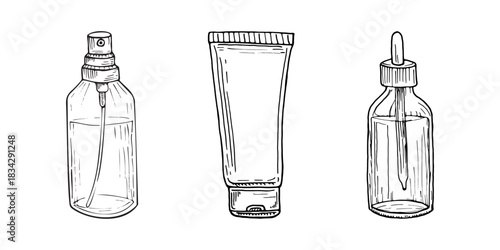 Hand-drawn cosmetic containers illustration for skincare design Black and white sketch of cosmetic bottles including spray, tube, and dropper jar, ideal for skincare branding or packaging concepts