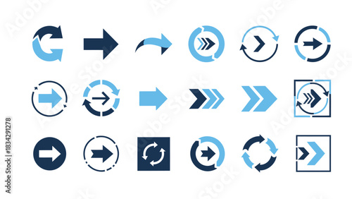 A collection of blue and dark blue arrows in various circular and rectangular shapes.