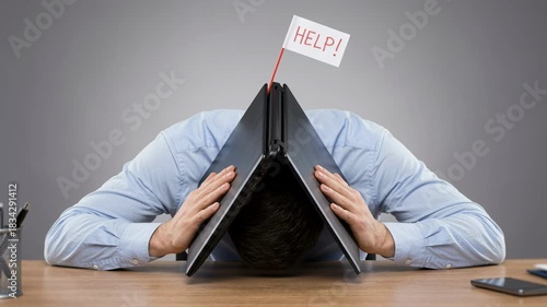 Overwhelmed businessman hides under a laptop with a help flag. Stressed employee suffering from burnout and work pressure. Corporate failure concept