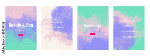 Pastel halftone beauty spa salon banner set. Wellness center, cosmetics brand, nail salon, aromatherapy, yoga studio concept. Soft grain texture modern vector illustration.