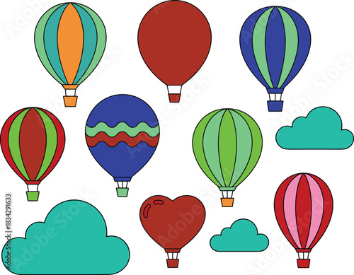 Colorful hot air balloon collection, cartoon sky elements, playful travel illustration, whimsical balloons and clouds, bright adventure-themed graphic set