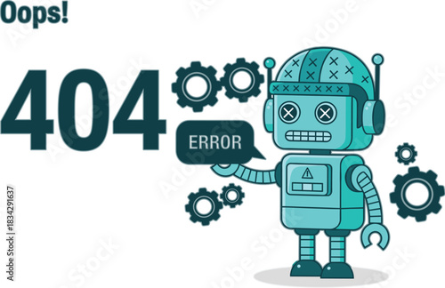 Cute Teal Robot Character Vector Illustration Displaying "Oops! 404 Error" Message, Ideal for Website Not Found Pages