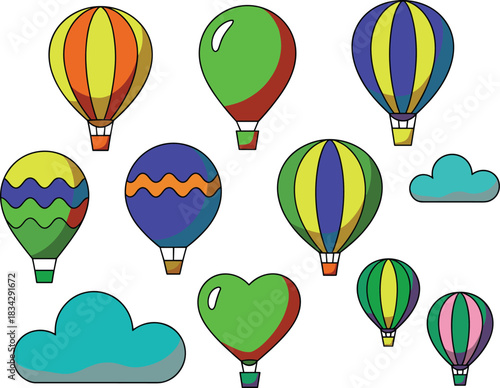 Colorful hot air balloon collection, cartoon sky elements, playful travel illustration, whimsical balloons and clouds, bright adventure-themed graphic set