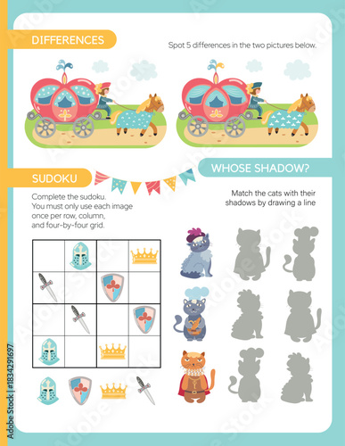 Pages for a children's activity book. The theme is a fairytale kingdom. Defferences, sudoku, and Whose shadow. Fun activities for preschool children. Vector illustration.