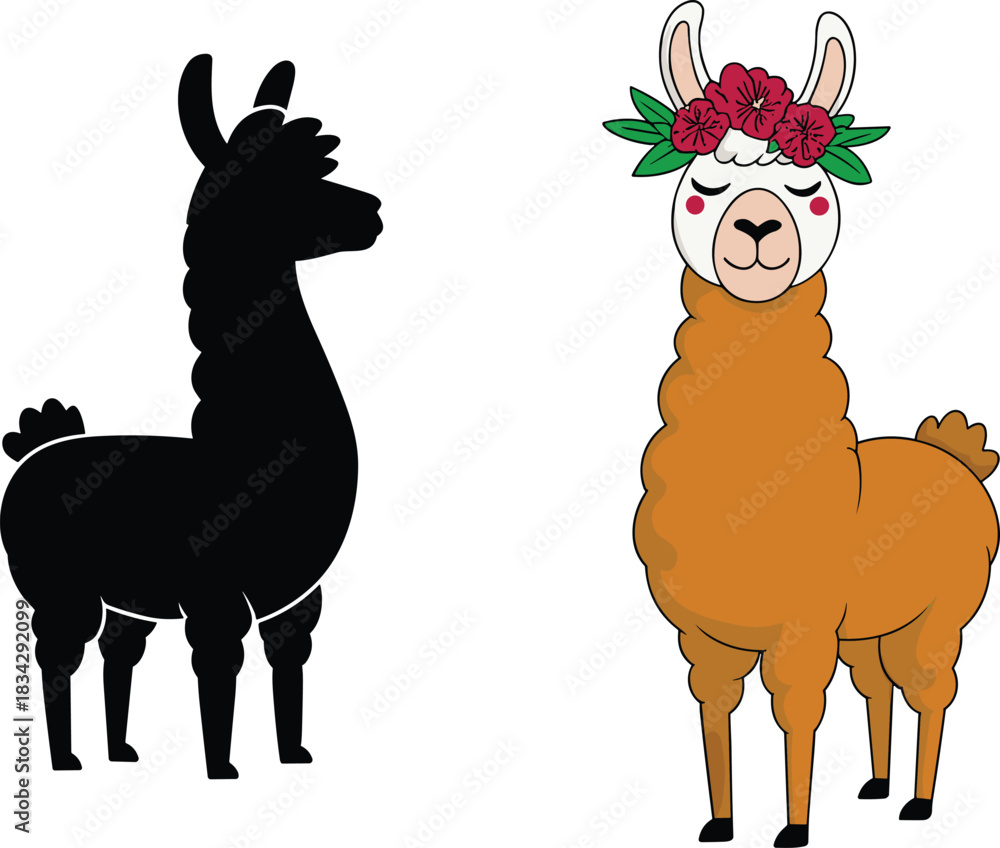 Fototapeta premium Cute floral-crowned llamas illustration, adorable alpaca characters, kawaii farm animal art, boho style décor design, charming cartoon llama set