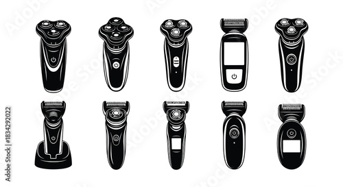 Collection of modern electric shavers and trimmers in black and white