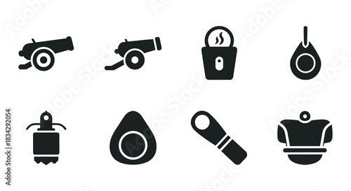 Collection of simple black icons depicting treasure weapons and various objects