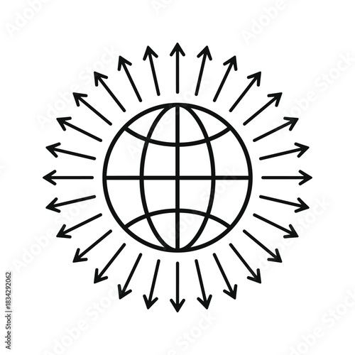 Black globe with radiating arrows in a circular pattern earth world