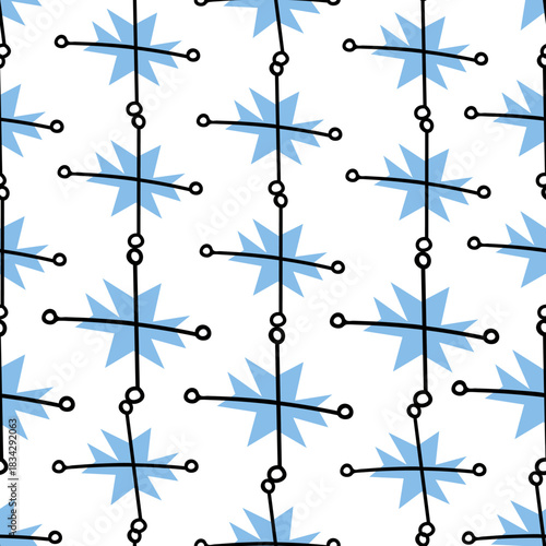 Vector seamless pattern with Christmas blue elements on an isolated white background. Animalistic and botanical print in a modern flat style with horses.