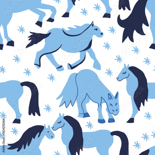 Vector seamless pattern with Christmas blue elements on an isolated white background. Animalistic and botanical print in a modern flat style with horses.
