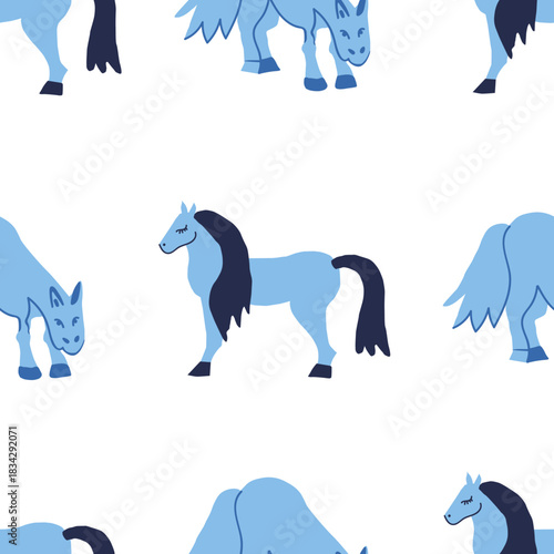 Vector seamless pattern with Christmas blue elements on an isolated white background. Animalistic and botanical print in a modern flat style with horses.