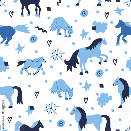 Vector seamless pattern with Christmas blue elements on an isolated white background. Animalistic and botanical print in a modern flat style with horses.