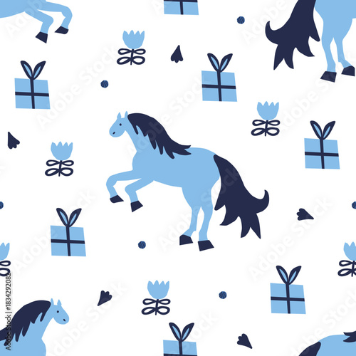 Vector seamless pattern with Christmas blue elements on an isolated white background. Animalistic and botanical print in a modern flat style with horses.