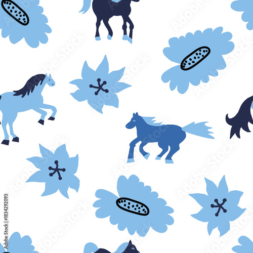 Vector seamless pattern with Christmas blue elements on an isolated white background. Animalistic and botanical print in a modern flat style with horses.