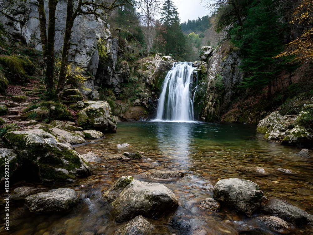 Fototapeta premium Scenic natural landscape with a tall cascading waterfall flowing into a rocky river surrounded by lush green trees and rugged cliffs