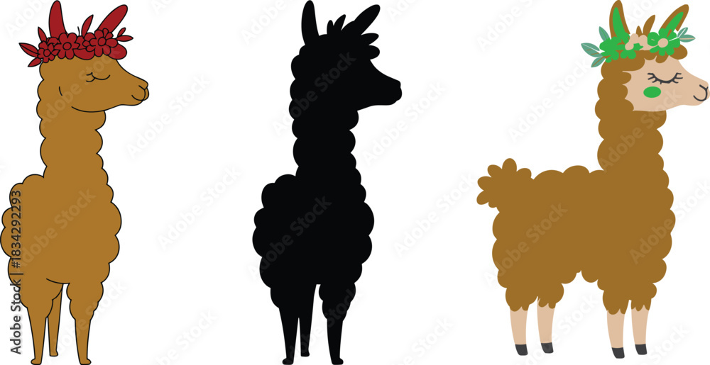 Fototapeta premium Cute floral-crowned llamas illustration, adorable alpaca characters, kawaii farm animal art, boho style décor design, charming cartoon llama set