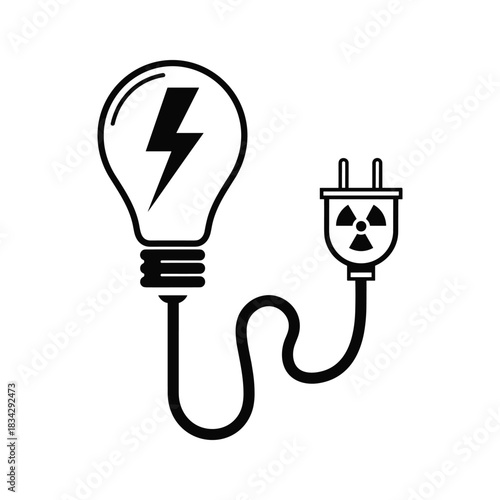 Black lightbulb with lightning bolt and radioactive plug electricity power