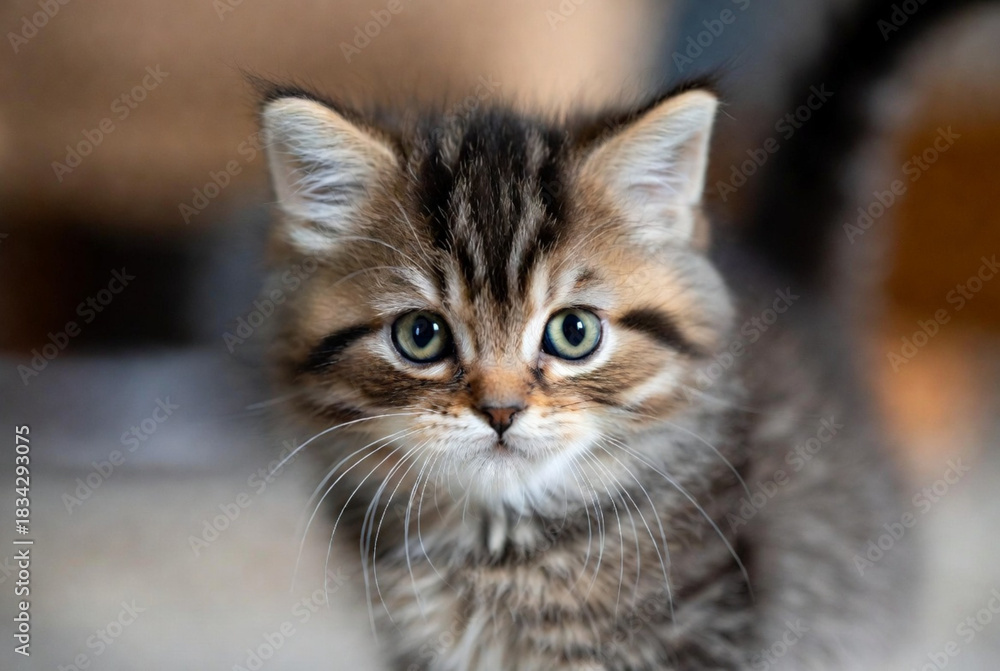 Fototapeta premium Close up portrait of a cute fluffy cat with green eyes