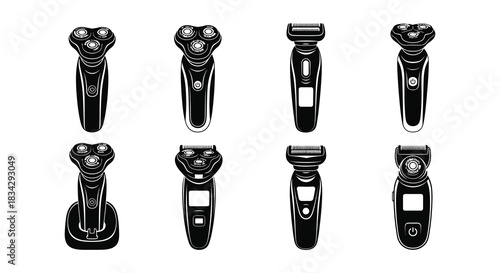 Collection of modern electric shavers and trimmers in black and white
