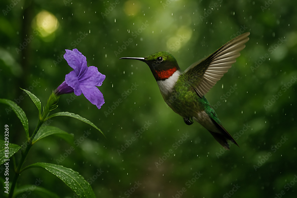 Fototapeta premium Elegant hummingbird gracefully reaching for vibrant purple flower in gentle rain, a moment of natural wonder and delicate beauty in lush greenery