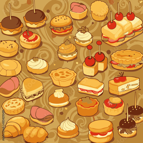 Cartoon assortment of appetizers and pastries in a variety of flavors. Colorful selection of finger foods, perfect for a buffet or party.