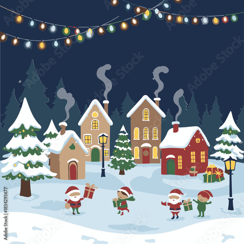 Charming Christmas village scene with children in festive attire. Santa Claus and kids exchanging gifts in a snowy night setting.