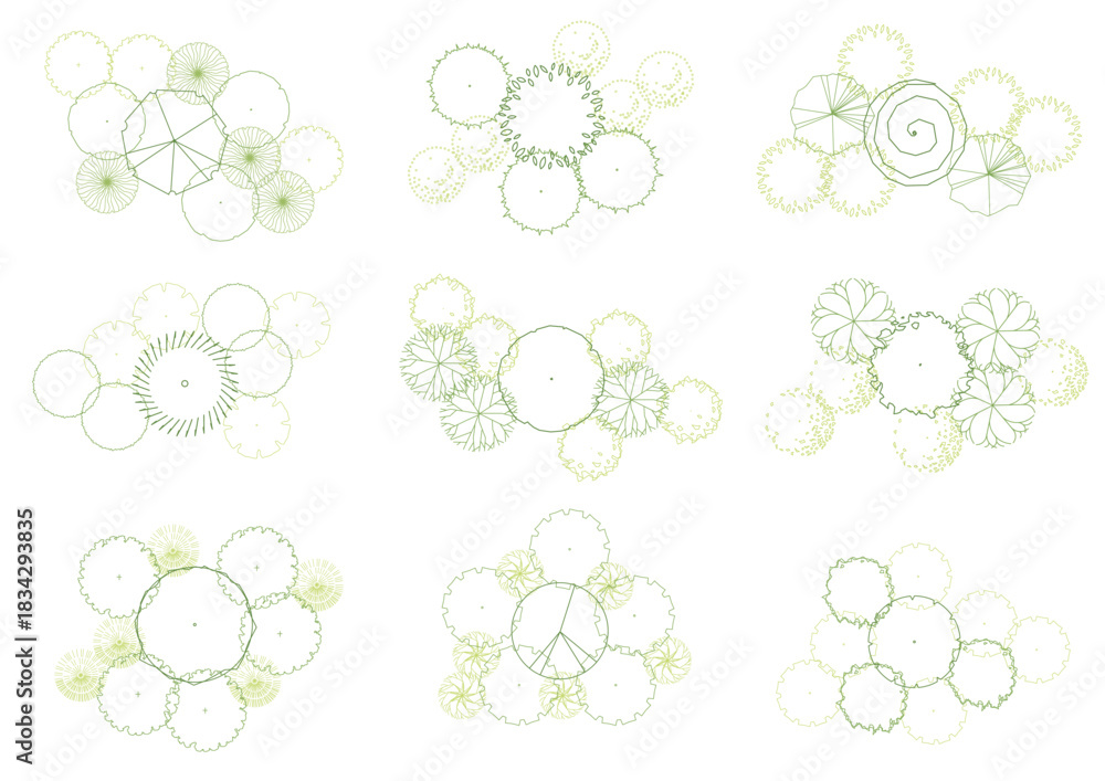 Fototapeta premium architecture drawing plant tree top view plan greenery vegetation vector. design nature architectural landscape set element illustration bush garden flora sapling minimal. architect isolated.