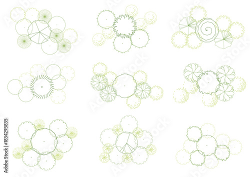 architecture drawing plant tree top view plan greenery vegetation vector. design nature architectural landscape set element illustration bush garden flora sapling minimal. architect isolated.