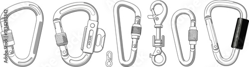 Hand-Drawn Line Art Vector Collection of Metal Carabiners and Safety Clips with Screw Locks for Climbing, Hiking, Camping, Outdoors, and Industrial Safety Design