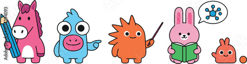 Adorable Cartoon Monsters and Animals Vector Set Engaged in Learning, Including a Reading Bunny, a Teaching Character, and a Unicorn with a Pencil, Ideal for Education Themes.