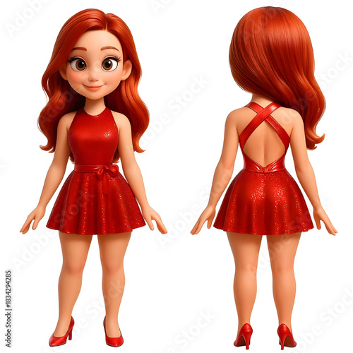 Girl with Long Red Hair Stands Front and Back and Wearing Sparkling Red Dress and red heels Shown From Front and Back View
