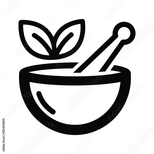 Black outline mortar and pestle with leaves icon symbol