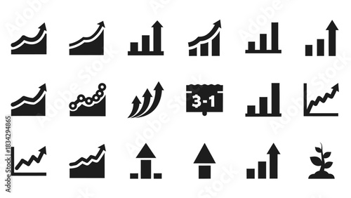 Collection of black and white growth chart icons, showing upward trends and progress.