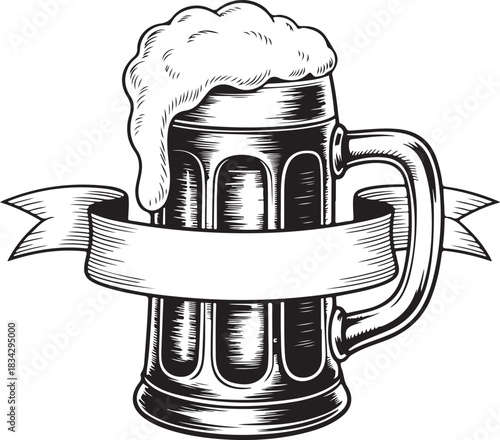 An ink drawing showcases beer mug with overflowing foam and decorative banner in white