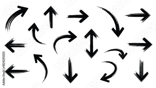 A collection of black arrows pointing in various directions against a white background.