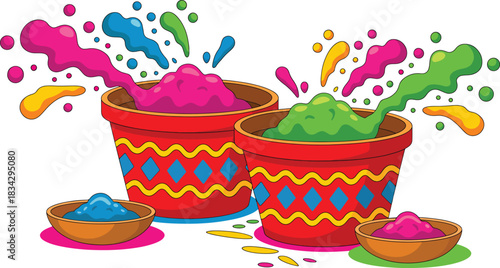 Cartoon splash with colors emanating out from decorated pots and bowls displaying colorful powders