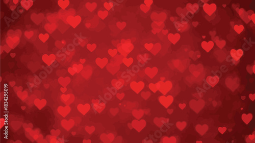 A deep red background with numerous soft red heart shapes scattered throughout.