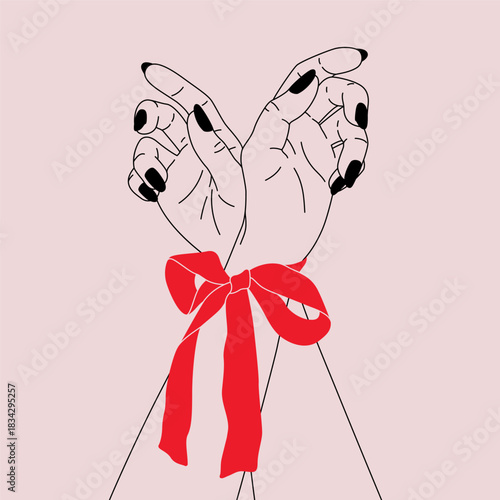 Hand drawn simple illustration of female hands with tied bows. Concept of passion, desire, love, pleasure, intimate moment. Minimalist modern illustration for Valentine's day design, card, print