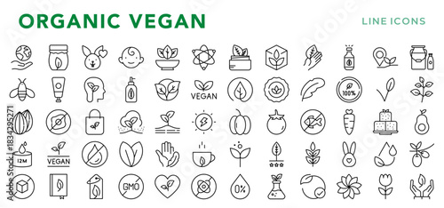 Organic Vegan Line Icon Set. Organic food, natural farming, vegan, bio product, sustainable, healthy lifestyle, agriculture icons vector illustration. Editable pixel-perfect stroke