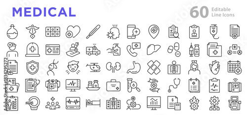 Medical line icon set. Healthcare, doctor, nurse, hospital, pharmacy, medicine, pills, insurance, lab test, health awareness icons vector illustration. Editable pixel-perfect stroke