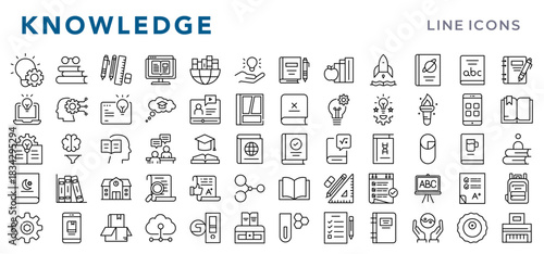 Knowledge linear icon set. Education, learning, books, study, school, AI, brain, teaching, idea, training, knowledge, sharing, academic icons vector illustration. Editable pixel-perfect stroke