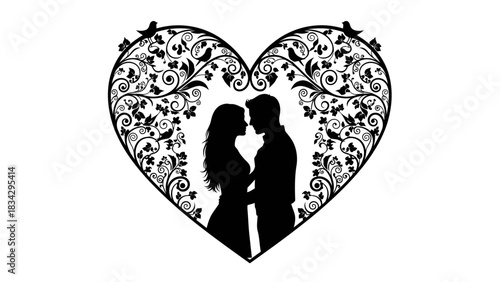 Silhouette of a romantic couple embracing within an ornate, decorative heart shape with intricate floral patterns.