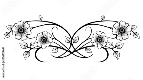 A symmetrical black and white floral ornament with swirling vines, leaves, and blossoms on a plain background.