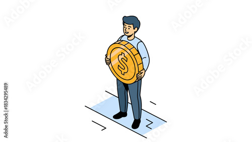 Isometric illustration of a man holding a large golden dollar coin, representing personal finance, savings, and investment.