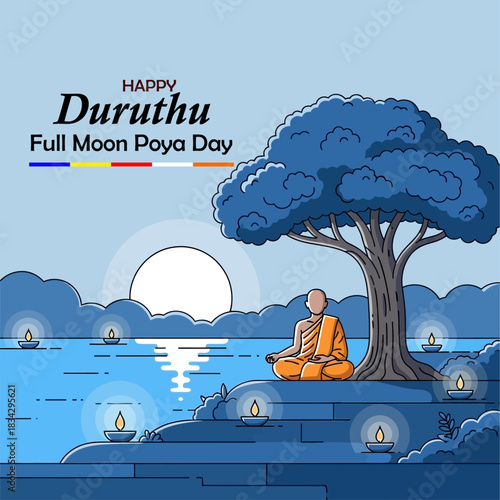 Duruthu Poya Day Wishes Flyer, Meditating Monk, Blue Bodhi Tree, Buddhist Festival Night Graphic - Happy Duruthu Full Moon Poya Day