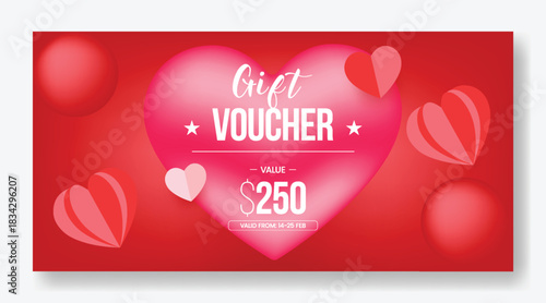 Valentine’s Day gift voucher discount coupon gift card reward giveaway template design with sparkling 3D heart shapes and vibrant vector illustration background horizontal sale banner