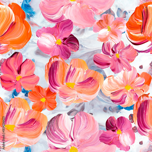 Wallpaper Mural Seamless pattern of abstract flowers, original hand drawn, impressionism style, color texture, brush strokes of paint Torontodigital.ca