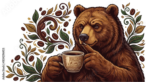 Bear enjoying coffee with coffee beans and leaves illustration.