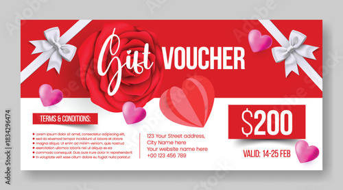 Modern Valentine’s Day gift voucher discount coupon gift card reward giveaway template design including realistic 3D heart graphics and eye-catching vector illustration background banner layout
