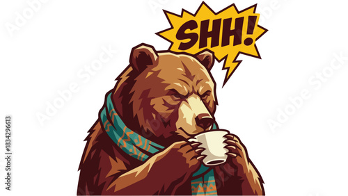 Bear enjoying coffee shushing wearing a scarf and looking focused.
